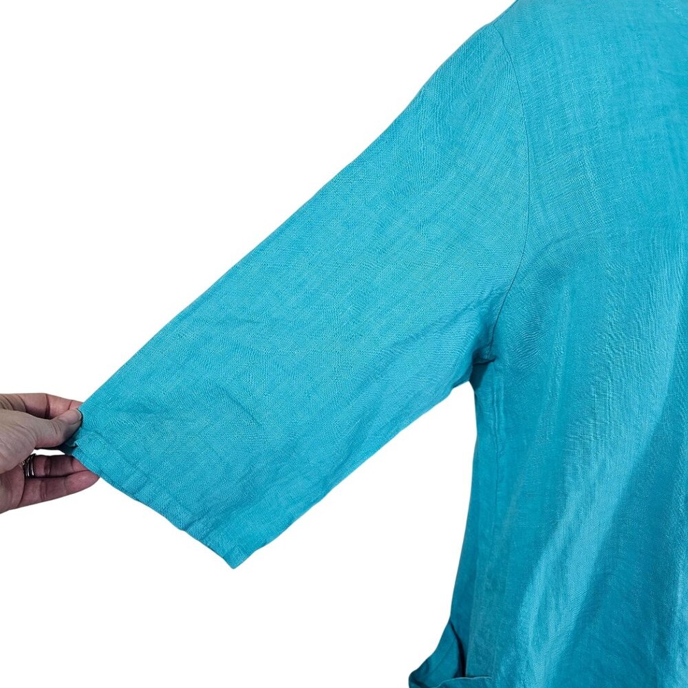 Bryn Walker Oversized‎ Linen Tunic M Turquoise Coastal Artsy Pocket Lagenlook - Picture 6 of 14